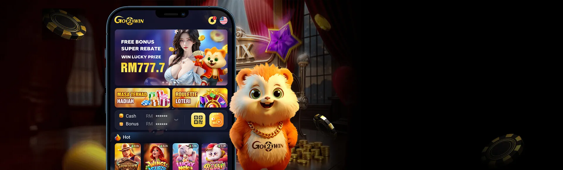 Go2Win app preview on a phone with the Go2Win mascot